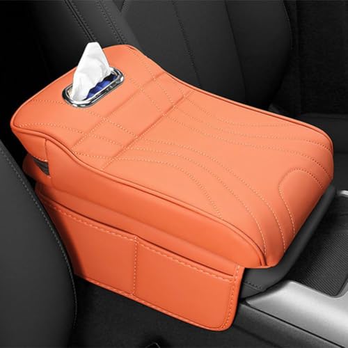 Mittelkonsolenabdeckung, For BMW X3 F25 2.Gen 2010-2017, Multifunktions-Leder-Auto-Mittelkonsolenpolster-Armlehnenschutzabdeckung mit Taschentuchbox-Loch(D/Orange,34 * 20cm) von uHLANQC
