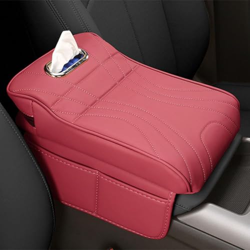 Mittelkonsolenabdeckung, For Ford Bronco Sport 2021–2024, Multifunktions-Leder-Armlehnenschutzabdeckung for die Mittelkonsole mit Loch for Taschentuchbox(E/Red,34 * 20cm) von uHLANQC
