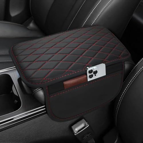 Mittelkonsolenabdeckung, For Kia Stinger CK 2018 2019 2020 2021 2022 2023 2024 2025, Armlehnenbox-Pad aus Pu-Leder, Komfort-Armlehnenkissen mit 2 Aufbewahrungstaschen, Zubehör(Black With Red Line) von uHLANQC