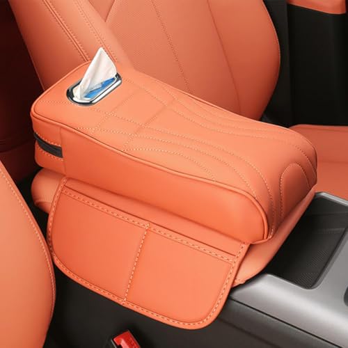 Mittelkonsolenabdeckung, For Tesla Model 3/Model S/Model X/Model Y 2013–2025, multifunktionale Armlehnenabdeckung aus Leder for die Mittelkonsole mit Loch for Taschentuchbox(D/Orange,32 * 16cm) von uHLANQC