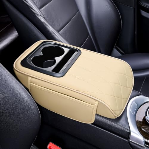 Mittelkonsolenabdeckung, For Toyota Highlander 2020 2021 2022 2023 2024, Armlehnenkissen aus PU-Leder, multifunktionales Armlehnenbox-Schutzpolster mit Getränkehalter(F/Apricot) von uHLANQC