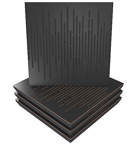 Akustikplatte, Motiv: Wave, 4 Stück, Schallabsorption, 50 x 50 x 5 cm, Absorption, Diffusion, Reflexion, Schalldämmung, Isolierung, Holz, perforiert, laminiert: Wave, schwarz von ua acoustics