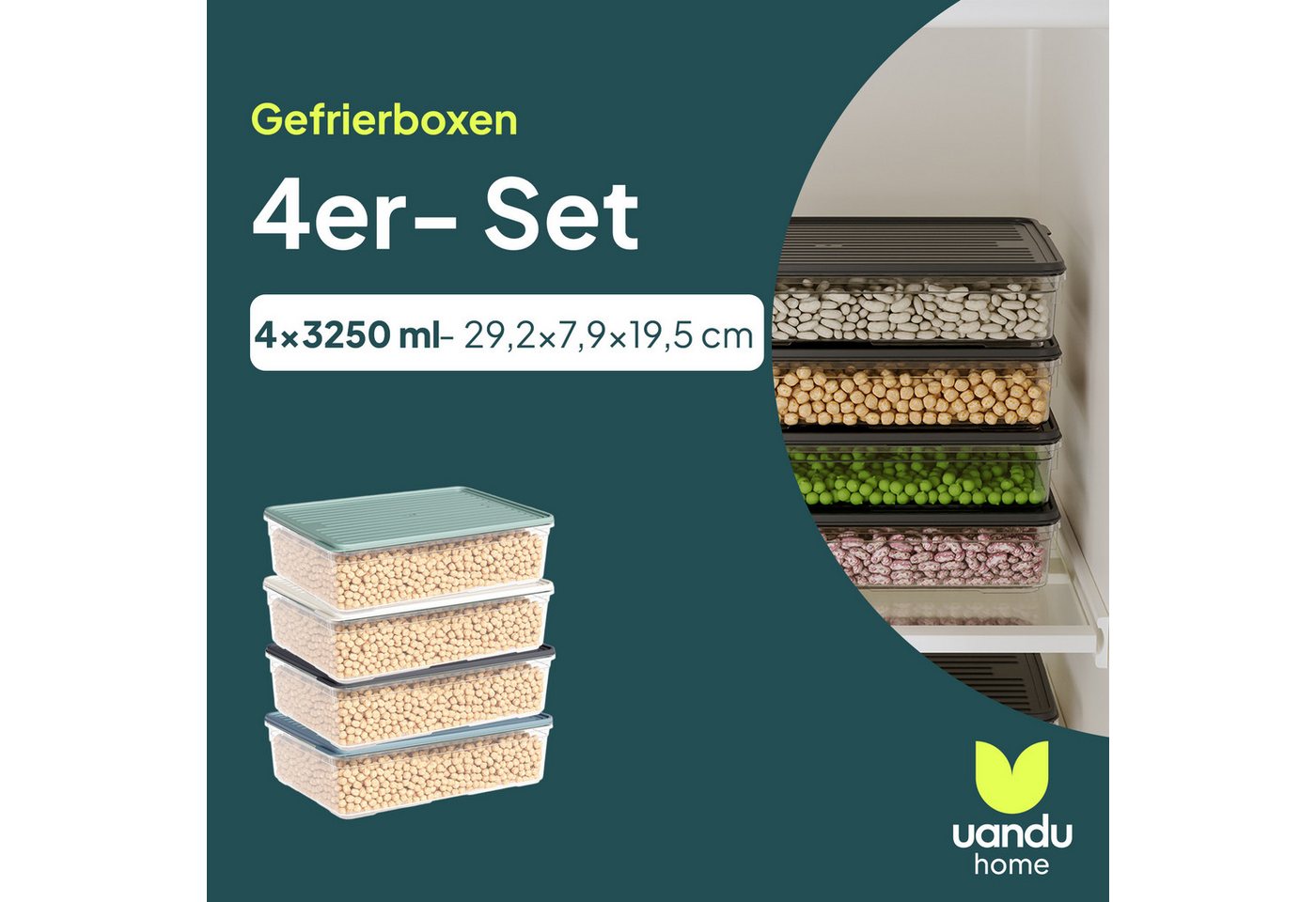 uandu home Frischhaltedose Gefrierbox Set, Frischhaltedosen mit Deckel - 4er Set, BPA-frei, (Deli Container, Gefrierbehälter, Gefrierboxen Organizer), Kühlschrank Organizer, Gefrierschrank Organizer, Gefrierdosen von uandu home