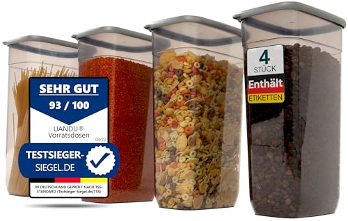 uandu Vorratsdosen mit Deckel Luftdicht 4er Groß Set, Aufbewahrungsbox mit deckel küche für Müsli, Spaghetti, Cornflakes und alle trockenen Lebensmittel, BPA frei, Müsli Aufbewahrung, Müsli behälter von uandu