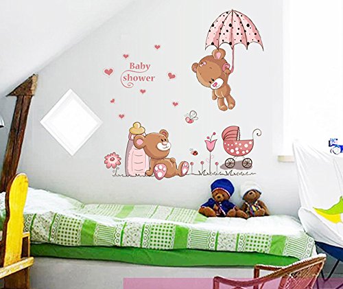 ufengke® Niedlichen Baby Bären und Blumen Dach Wandsticker, Kinderzimmer Babyzimmer Entfernbare Wandtattoos Wandbilder von ufengke