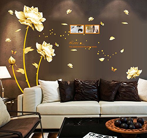 ufengke® Schöne Pfingstrose Blumen Schmetterlinge Bilderrahmen Wandsticker, Wohnzimmer Schlafzimmer Entfernbare Wandtattoos Wandbilder von ufengke
