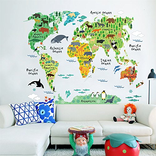 ufengke Cartoon Weltkarte Nett Land- und Wassertiere Wandsticker,Kinderzimmer Babyzimmer Entfernbare Wandtattoos Wandbilder von ufengke