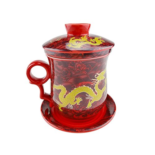 Gelber Drache Muster Chinesische Tee Tasse, Handgemachte Bone China Tee Becher Rot Tee Cup Mit Filter, Deckel Und Untertasse,Für Geschenk Und Haus, Büro 300Ml von ufengke-ts