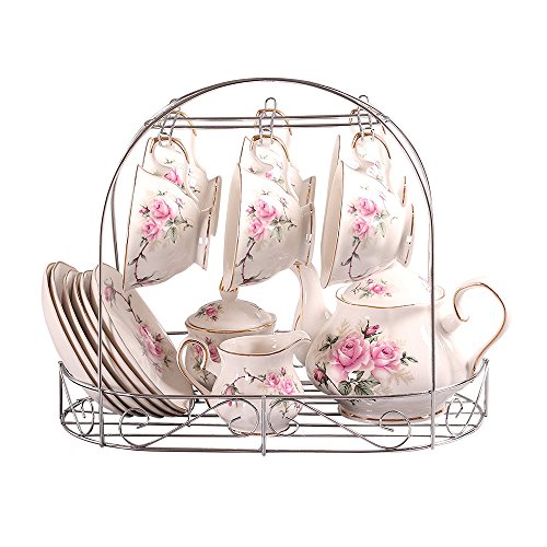 ufengke-ts 15 Stück Europäischen Stil Bone China Service Kaffee Set Mit Metall Ständer, Rosa Rose Druck Vintage Floral Teeservice, Für Hochzeit Und Haushalt von ufengke