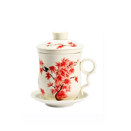 ufengke-ts Rot Blatt Malerei Chinesische Tee Tassen, Jingdezhen Keramik Tee Becher Bone China Tee Cup Mit Filter Und Untertasse, Für Geschenk Und Haushalts, Büro, 300Ml von ufengke