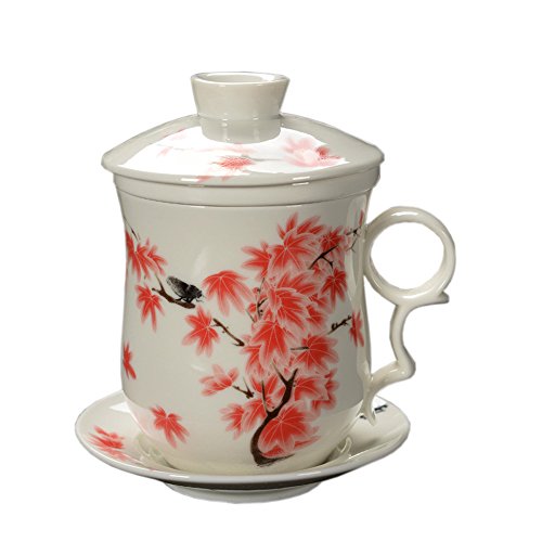 ufengke-ts Rot Blatt Malerei Chinesische Tee Tassen, Jingdezhen Keramik Tee Becher Bone China Tee Cup Mit Filter Und Untertasse, Für Geschenk Und Haushalts, Büro, 300Ml von ufengke