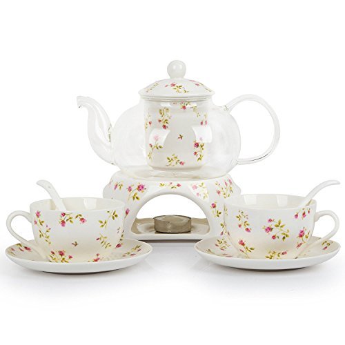6 Stück Europäischen Modern Florales Tee Set, Beheizte Glas Teekanne, Bone China Tee Set Service Kaffee Set, Für Geschenk Und Haushalt, Hochzeit von ufengke