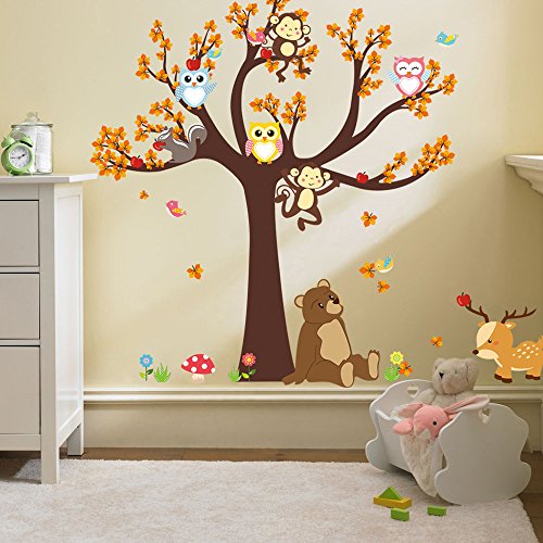 Ufengke® Cartoon Wald Tier Eule Affe Bär Baum Wandabziehbilder,Kinderzimmer Babyzimmer Entfernbare Wandtattoos Wandbilder von ufengke