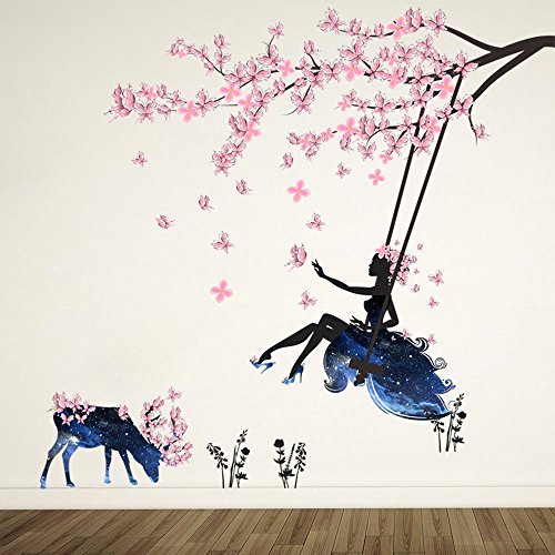 Wandtattoo Mädchen auf Baum Swing & Moose Silhouette Wand Aufkleber mit Rosa Schmetterlinge Dekorative Abnehmbare Wandsticker DIY Vinyl Wand Aufkleber für Wohnzimmer, Schlafzimmer von ufengke