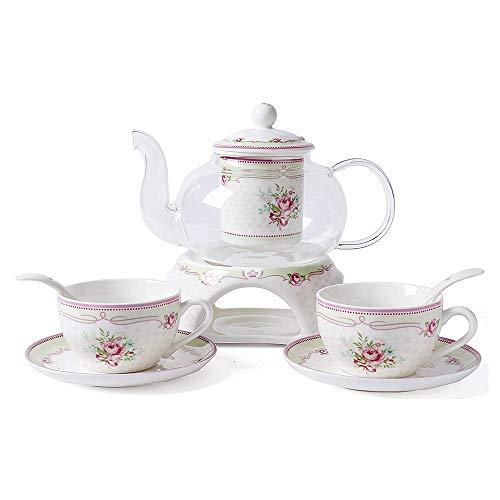 6 Stück Europäischen Blumen Tee Set, Rose Muster Bone China Tee Set Service Kaffee Set, Beheizte Glas Teekanne, Für Geschenk Und Haushalt, Hochzeit von ufengke