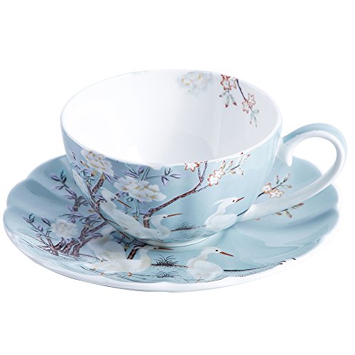 ufengke 8 Unzen Kaffeetasse mit Untertasse,Blau Fein Knochen China,Farbige Blumen,Weiße Kran Porzellan Teetasse und Untertasse von ufengke