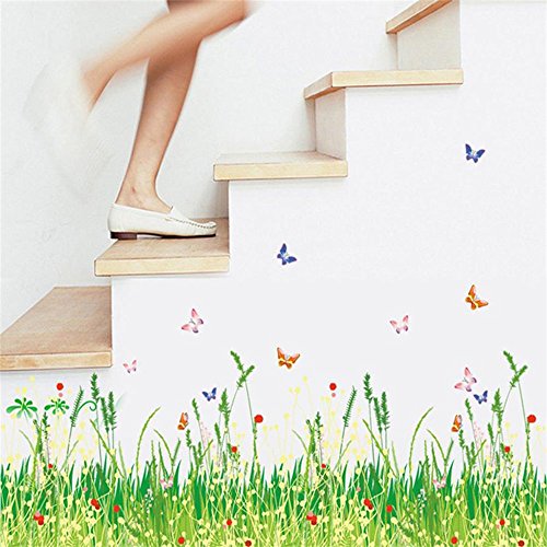 ufengke Wandtattoo Grüne Gras-Wiese mit Roten Blumen Wandaufkleber Wandsticker Schmetterlingen Bunte Entfernbare DIY Vinyl Wanddeko für Kinderzimmer Wohnzimmer Schlafzimmer Baseboard Küche von ufengke