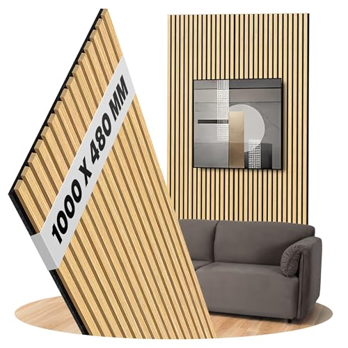 Akustikpaneele Eiche Natur Holz Wandpaneele als Wandverkleidung Filz Schwarz, Oberfläche: Echtholz Format: 1000 x 480 mm - Lamellenbreite: 27 mm (Eiche Natur, 1000 x 480 mm) von uficell