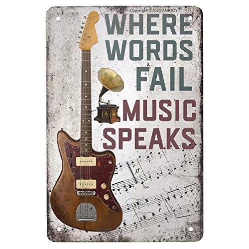Anjooy Vintage-Metall-Blechschild mit Gitarre, englische Aufschrift "Where Words Fail Music Speaks", Musikalisches Café, Wand, Küche, Badezimmer, Poster, Karaoke, Retro-Dekor, Kunst, 20,3 x 30,5 cm Anjooy Vintage-Metall-Blechschild mit Gitarre, englische Aufschrift "Where Words Fail Music Speaks", Musikalisches Café, Wand, Küche, Badezimmer, Poster, Karaoke, Retro-Dekor, Kunst, 20,3 x 30,5 cm von uihgcvr