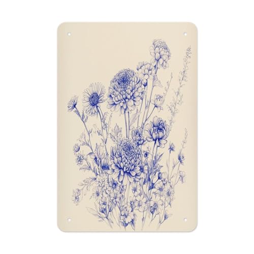 Blaue botanische Blume Chinoiserie Metallschilder 30,5 x 20,3 cm Plakette Blechschild Wandkunst für Zuhause, Wohnzimmer, Außen- oder Innenbereich, Wanddekoration von uihgcvr