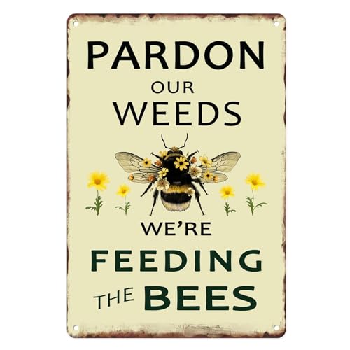 Vintage-Blechschild mit Aufschrift "Pardon Our Weeds We Are Feeding the Bees Save Bees", Vintage-Blechschild, Küchendekoration, Wandschild, Retro, lustiges Poster, Schilder, Bar, Club, Bauernhaus Vintage-Blechschild mit Aufschrift "Pardon Our Weeds We Are Feeding the Bees Save Bees", Vintage-Blechschild, Küchendekoration, Wandschild, Retro, lustiges Poster, Schilder, Bar, Club, Bauernhaus von uihgcvr