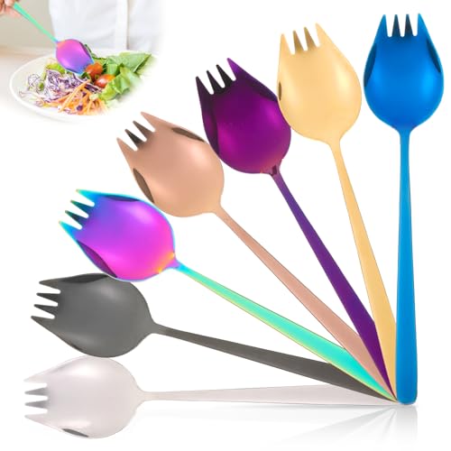 Sporks, 7 Stück 304 Edelstahl Spork Göffel, Lang Spork Salatgabel, 2 in 1 Löffel, Multifunktion Löffel und Gabel, Suppenlöffel, Nudellöffel, Salatbesteck für Camping zu Hause oder auf Reisen von uinnossvc