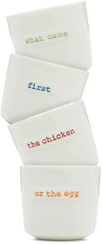 4 Statement Eierbecher CHICKEN or EGG WEISS/BUNT Keith Brymer Jones Keramik von ukiyo