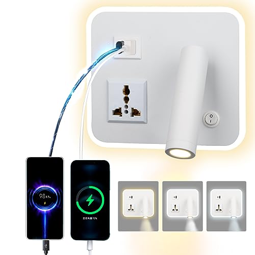 uksunvi LED Leselampe Wandlampe Mit Universalsteckdose USB Type-C-Zwei AufladungMund Schalter Verstellbarer 12W 3000K Wandleselampe Aluminium Bettlampe Drehbar (Quadratisch Weiß) von uksunvi