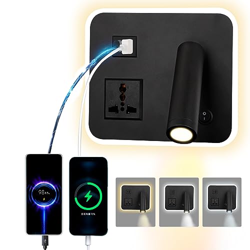 uksunvi LED Leselampe Wandlampe Mit Universalsteckdose USB Type-C-Zwei AufladungMund Schalter Verstellbarer 12W 3000K Wandleselampe Aluminium Bettlampe Drehbar (Quadratisch schwarz) von uksunvi