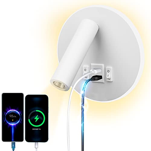 uksunvi LED Leselampe Wandlampe USB Type-C-Zwei AufladungMund Schalter Verstellbarer 12W LED Strahler 3000K Wandleselampe Aluminium Bettlampe Drehbar (Rund weiß) von uksunvi