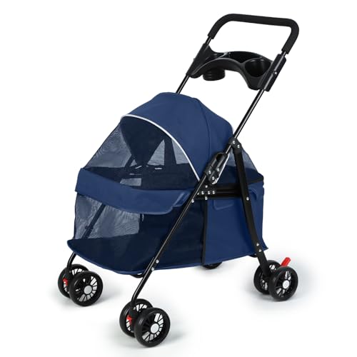 ulafbwur Klappbar Hundewagen Kinderwagen 4 Räder Hundekatze Kinderwagen, Hundebuggy bis 10kg mit Tassenhalter, atmungsaktives Netzgewebe,für kleine mittlere Hund (Blau) von ulafbwur
