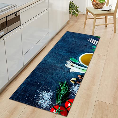 &ET Küchenteppich,Küchenmatten Retro Gemüse Blau Rutschfester Läufer Waschbarer Läufer Teppich Home Weihnachtsdekoration Für Küche Schlafzimmer Wohnzimmer,40X120Cm (16X47,2 Zoll) von &ET