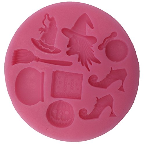 Silikonform für Backwaren, Halloween-Motive Hexe, Schuhe, Beutel, Hut, Besen, Kessel, Zauberbuch, Kürbis, 9,5x1cm, Pink von FUNSHOWCASE