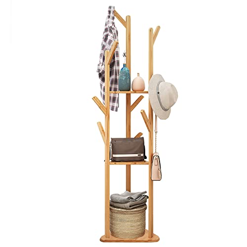 unho Bambus Kleiderständer Garderobenständer in Baumform mit 8 Haken/3 Ablagen Standgarderobe für Flur Büro Schlafzimmer Wartezimmer,für Kleidung Hüte Tasche von unho