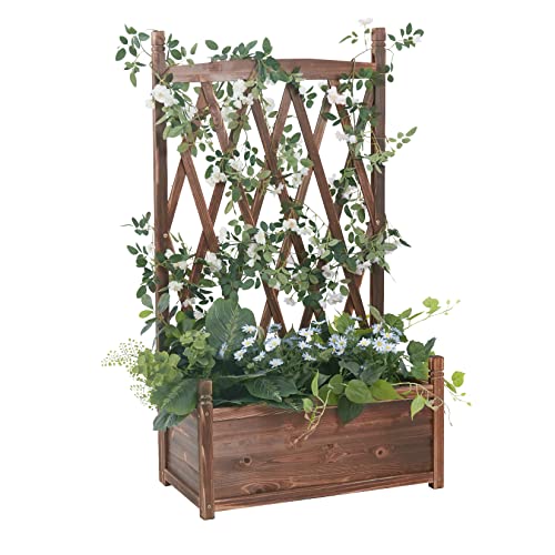 unho Blumenkasten mit Rankgitter, Hochbeet mit Spalier Gartenspalier Holz, Rankkasten Rankgitter Rankhilfe Blumenkübel Pflanzkasten, 64x36.5x115cm von unho