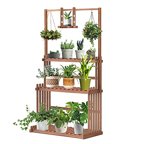 unho Blumenständer Holz, Blumentreppe 3 Ebenen, Pflanzentreppe mehrstöckig, Holzregal für Indoor Outdoor Garten Balkon, 79x36.5x145cm von unho