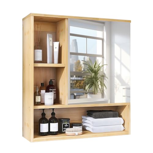 unho Spiegelschrank Bad mit Tür, Badezimmerschrank mit Spiegel, Badschrank Hängeschrank Wandschrank mit 4 Ablagen, platzsparender Medizinschrank Bambus, 55,5 x 16 x 61 cm unho Spiegelschrank Bad mit Tür, Badezimmerschrank mit Spiegel, Badschrank Hängeschrank Wandschrank mit 4 Ablagen, platzsparender Medizinschrank Bambus, 55,5 x 16 x 61 cm von unho
