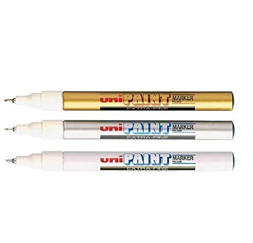 Extra feine Uni Farben (0,8 mm) PX-203 farblich sortiertes Set Öl Paint Marker Metall Glas Wood Plastic Stone OUTDOOR mm Starker Metallmine Tip (je Farbe 3 - GOLD SILBER White - 9 Stifte) von uni-ball