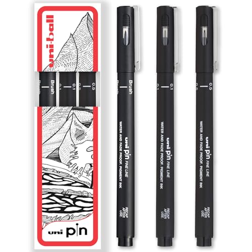 Uni Pin Fineliner Zeichenstift, 0,1 mm, 0,5 mm und Pinselspitzen, schwarze Tinte, 3 Stück von uni-ball