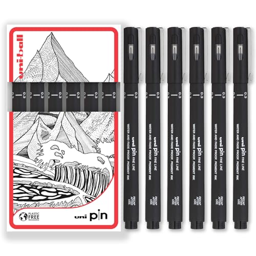 uni-ball PIN Fineliner, schwarze Schreibstifte mit feiner Spitze, wasser- und lichtbeständige Tinte, ideal für Skizzen, Scrapbooking, Konturen, Kunst, technisches Zeichnen, in Geschenkbox (6 Stück, von uni-ball