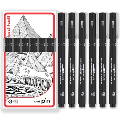 Uni Pin Fineliner Zeichenstift, schwarze Tinte, 6 Stück, feine Linie 0,8 mm Spitze von uni-ball