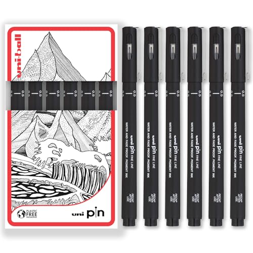 Uni Pin Fineliner Zeichenstift, schwarze Tinte, 6 Stück, feine 0,5 mm Spitze, in Geschenkbox von uni-ball