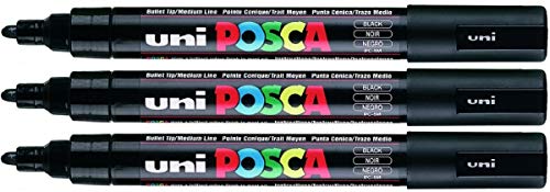 Uni Posca PC- 5 m Black Paint Marker Stifte, 5 mm, mittlere Rundspitze, Spitze schreibt auf allen Oberflächen aus Glas, Kunststoff, Stoff Metall Holz, 3 Stück von uni-ball