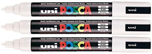 Uni Posca PC-5M Marker, Weiß, 2,5 mm, mittelgroße Spitze, schreibt auf jeder Oberfläche – Metall, Glas, Holz, Stoff, Kunststoff, Stein, 3 Stück von uni-ball