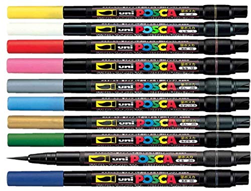 Uni Posca PCF-350 Farbstift, 0,1 – 10 mm, Pinsel, Schreiben, auf jeder Oberfläche, Glas, Metall, Holz, Kunststoff, Stoff (1 von jeder Farbe – 10 Striche) von uni-ball