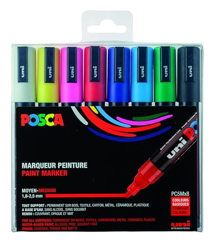 uni-ball 182512 - POSCA Marker mit mittelfeiner Rundspitze, 8er Set, Grundfarben von uni-ball