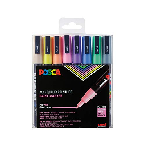 POSCA Mitsubishi Pencil PC3M Marker, konische Spitze, feine Spitze, Marker auf Wasserbasis, für alle Untergründe, für Papier, Textil, Glas, Kieselstein, Holz, Pastellfarben, 8 Stück von POSCA