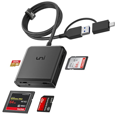 SD Kartenleser, uni 4-in-1 USB C Kartenlesegerät USB 3.0 mit 60cm Nylonkabel [Lesen gleichzeitig/Dual Stecker/Highspeed] Card Reader für SD/Micro SD/CF/MS Pro Duo/SDHC/SDXC/MMC ect. von uni