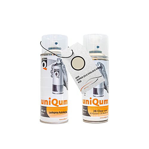 UniQum Autolack + Klarlack 2K Spraydose MINI PEPPER (OLD ENGLISH) WHITE 850 Autolack Reparatur 2 x 400 ml von uniQum QUALITY IN NON PAINT