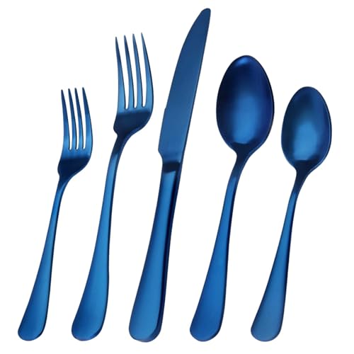 5 Stück Geschirr Set Blaues Silbergeschirr Set 5-teiliges Reisebesteck Campingbesteck Besteckset Edelstahl Essbesteck Set Edelstahl Geschirr Für 5 Include/Gabel*2/Löffel*2/Speisemesser (Blue) von unilarinna